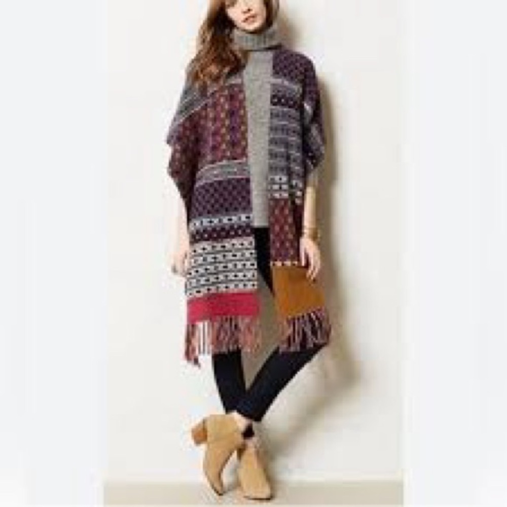 Anthropologie Angel of the North Patchwork Fringe Wrap Poncho Shawl One Size